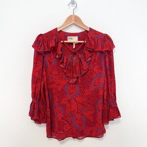 Ted Baker MiB Engels Red Ruffle Self Tie Crepe Blouse Size 1 Small
